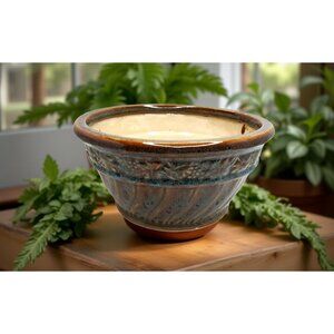 vintage stonewear ceramic glazed brown with hints of blue pot planter.